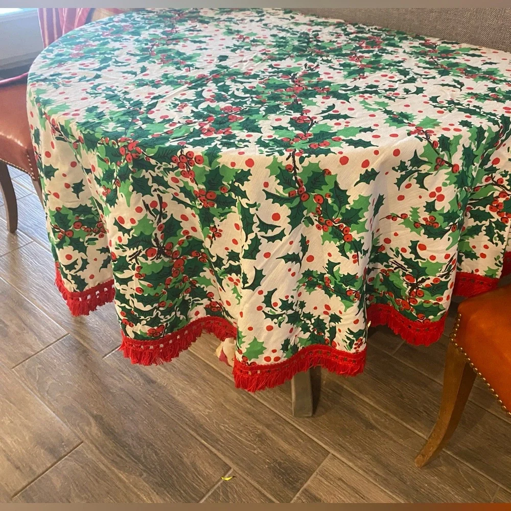 Festive Holly Tablecloth 62” Round with Red Trim